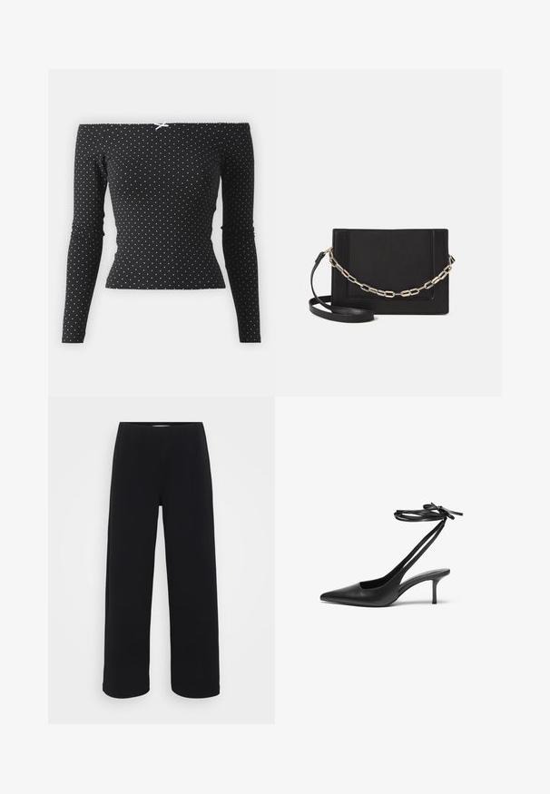 Crna off-shoulder majica s dugim rukavima, s bijelim točkicama i dekorativnom svijetloplavom mašnom na leđima. Izrađena od mekog materijala.; Crne široke hlače s elastičnim pojasom. Napravljene od teksturiranog materijala, s prostranim krojem i ravnim rezom od bokova do donjeg ruba.; Crne kožne štikle s šiljastim vrhom, otvorenim leđima i remenčićima koji su vezani u mašnu. Tanak potplat visine 7,5 cm. Glatka tekstura, minimalistički dizajn.; Crna kožna torba preko tijela s glatkom teksturom, pravokutnim oblikom i metalnim lancem na prednjoj strani. Uključena je podesiva naramenica.