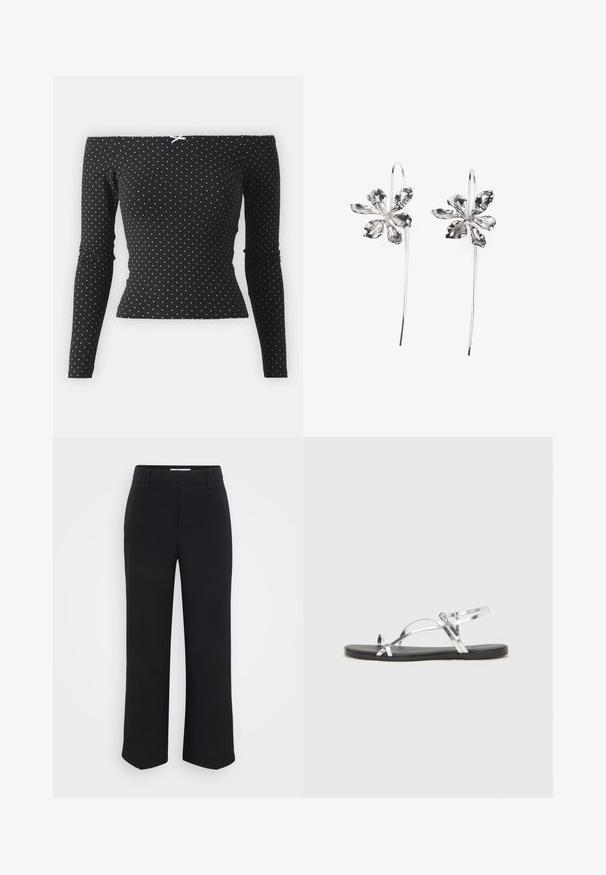 Melnā blūze bez pleciem ar garām piedurknēm, ar baltām punktiņām un dekoratīvu gaiši zilu loku aizmugurē. Izgatavota no mīksta auduma.; Melnas platās bikses ar gludu tekstūru, ar platu jostasvietu un sānu kabatām, veidotas minimalistiskā estētikā.; Sudraba metāla sandales ar minimālistisku dizainu, kurām ir plānas siksnas un melna plakanā zole. Uzsvari ir krusteniskās siksnas akcenti.; Sudraba zieda formas auskari ar teksturētu apdari, ar garām uzkarsējošām daļām un ziedlapiņām līdzīgām detaļām, veidojot sarežģītu dizainu.