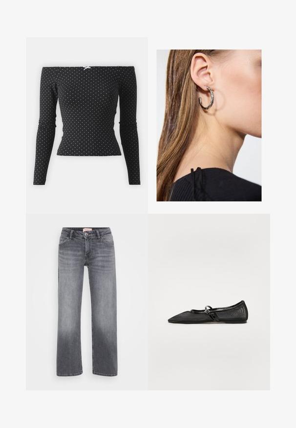 Top negro de hombros descubiertos con mangas largas, con estampado de lunares blancos y un lazo decorativo azul claro en la parte trasera. Fabricado en tela suave.; Jeans de mezclilla gris con diseño de pierna recta, estilo de cinco bolsillos, leve desgaste y cierre de botón en la cintura.; Zapato plano negro con punta afilada, parte superior de malla y acentos de cuero charol. Presenta una tira delgada con un detalle de herraje circular.; Pendiente de aro de plata con un acabado pulido, que presenta pequeños detalles en dorado y una forma redonda, llevado en el lóbulo.