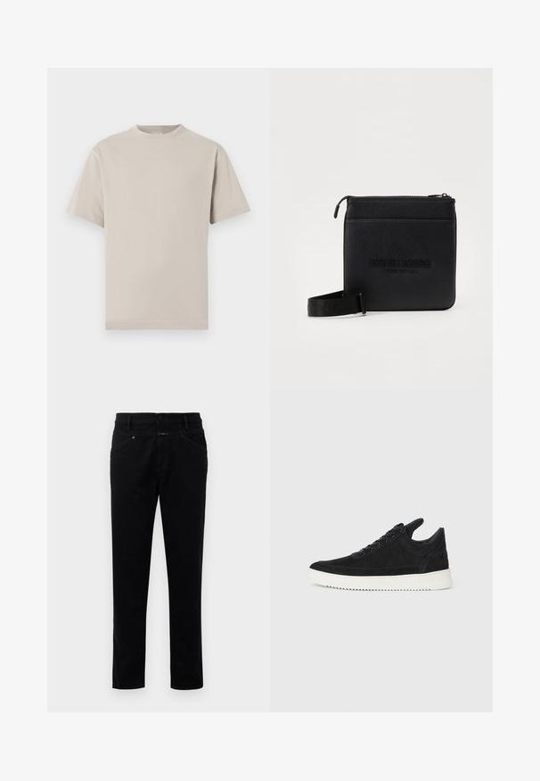 Világos bézs pamut póló kerek nyakkal, rövid ujjakkal és egyenes hemmeddel. Sima textúrájával, minta vagy díszítés nélkül.; Fekete farmer nadrág egyenes fazonnal, gombos záródással, öt zsebes kialakítással és sima textúrával.; Fekete nubuk sportcipő fehér gumitalppal, tónusos varrással és fűzős kialakítással. Simák a textúrája, modern, letisztult formával rendelkezik.; Fekete bőr keresztbody táska cipzárral, textúrált felülettel, dombornyomott logóval és levehető pánttal a sokoldalú hordozás érdekében.