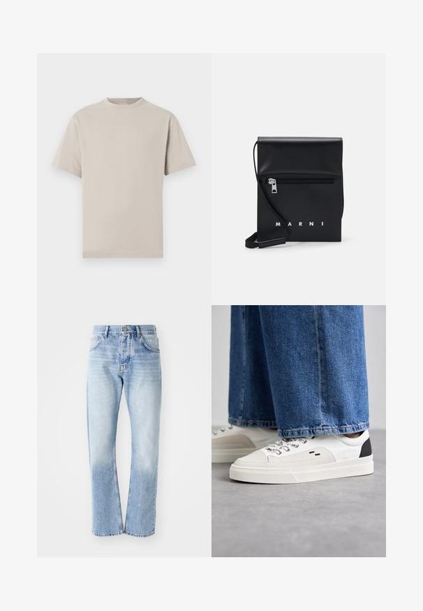 Lys beige bomulds t-shirt med rund hals, korte ærmer og lige kant. Glat tekstur uden mønstre eller udsmykninger.; Lyseblå denim jeans med lige ben. Har en fem-lomme design, knaplukning og en falmet tekstur mod bunden.; Hvide og sorte sneakers med en glat læderoverdel, teksturerede detaljer og en kraftig hvid sål. Har et klassisk snørebåndsdesign.; Sort læder crossbody taske med en lynlåslomme foran, præget logo og justerbar rem. Glat tekstur med en struktureret form.