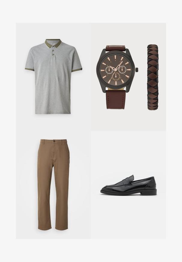 Polo de color gris claro con un cuello y ribetes en las mangas de color verde. Cuenta con tres botones y costuras en blanco. Está hecho de una tela suave y texturizada.; Pantalones de algodón marrones con corte recto, cierre de botón y bolsillos laterales. Presentan una textura suave y un diseño simple, sin adornos.; Mocasines de cuero negro con un acabado suave, que presentan una punta redondeada y una banda estrecha en la parte superior. Tacón bajo apilado.; Pier One SET - Reloj - black/brown