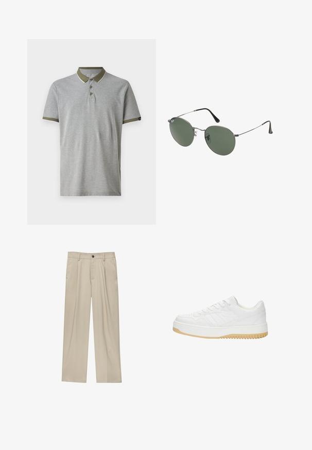 Világosszürke galléros póló zöld gallérral és ujjak szegélyezésével. Három gomb található rajta, és fehér díszöltés jellemzi. Puha, textúrált anyagból készült.; Beige egyenes szárú nadrág, egy fekete gombbal, övhurkokkal és oldalzsebekkel. Sima szövettextúra és minimális design.; Fehér bőr sneaker, texturált felülettel, gumitalppal, fűzős kialakítással és diszkrét csíkozással az oldalakon.; Fémkeretes napszemüveg ovális zöld lencsékkel. Vékony ezüst színű fémkeret és fekete fülrész. Minimalista dizájn, látható logók nélkül.