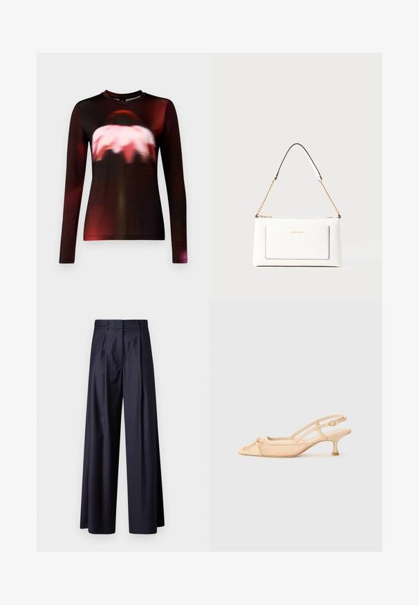 Juodas ilgomis rankovėmis marškinėliai su neryškiu gėlių raštu, turinčiu rožinių ir raudonų atspalvių. Pagaminti iš lygios medžiagos, su apvaliomis kaklo linijomis ir prigludusia siluetu.; Plati kelnės tamsiai mėlynos spalvos audinio, su klostėmis, lygia tekstūra, pritaikytu dizainu ir aukštu juosmeniu.; Stuart Weitzman KITTY - Klasikiniai aukštakulniai - beige/barely beige; Balta odinė rankinė su tekstūruotu paviršiumi, turinti auksinį grandinėlės dirželį ir juodas detales. Įskaičiuota priekinė kišenė ir užtrauktuko uždarymas.