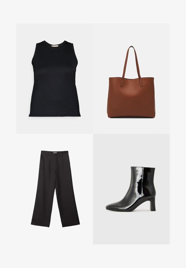 Černý bezrukávový top z hladké, elastické tkaniny s kulatým výstřihem a přiléhavým střihem, který má čisté linie a žádné viditelné kovové prvky.; Černé široké kalhoty vyrobené z hladké tkaniny, s předním zipem a dvěma bočními kapsami, s dobře padnoucím střihem a minimalistickým designem.; Černé lakované kotníkové boty s špičatou špičkou a středně vysokým blokovým podpatkem. Hladká textura a minimalistický design.; Hnědá kožená taška přes rameno s hladkou texturou, otevřeným designem a dvěma ramenními popruhy. Obsahuje minimální švy a žádné viditelné kovové prvky.