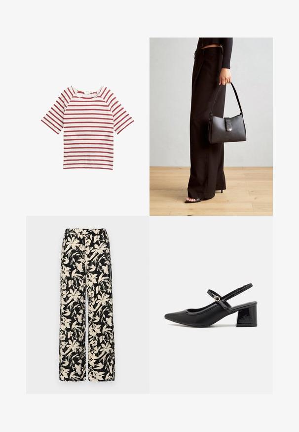 Rød- og hvidstribet t-shirt med korte raglanærmer, rund halsudskæring og blød stoftekstur. Simpelt design uden yderligere udsmykninger.; Sorte vide bukser med et mønster af cremefarvede blomster. Lavet af letvægtsstof, som har en glat tekstur og en høj talje.; Sorte patentlæder slingback hæle med spids tå, rund udskæring og blokhæl. Har en guldtonet spændeaccents.; Sort håndtaske med struktureret form, glat overflade og metalspænde. Sammen med brede sorte bukser og sandaler med åben tå på trægulv.