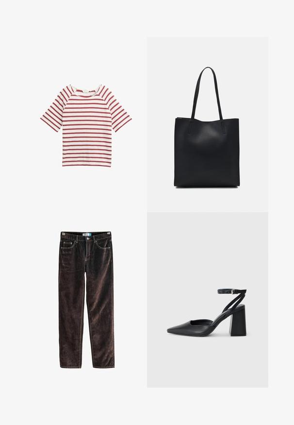 Punainen ja valkoinen raidallinen T-paita lyhyillä raglan-hihansuilla, pyöreällä kaula-aukolla ja pehmeällä kangasrakenteella. Yksinkertainen muotoilu, ei lisäkoristeluja.; Ruskeat sametiset suorat housut, joissa on viisi taskua, kontrastiväriset tikkaukset ja nappikiinnitys vyötäröllä. Pehmeä rakenne ribbimäisellä kuvioinnilla.; Mustat nahkakengät, joissa on kapea kärki, nilkkaremmi ja paksu korko. Tasainen pinta, tyylikäs muotoilu ja minimalistinen estetiikka.; Mustapahkainen kangaskassi, jossa on sileä pinta, suorakaiteen muotoinen ja kaksi pitkää kahvaa. Ei näkyvää metalliosaa tai koristeita.