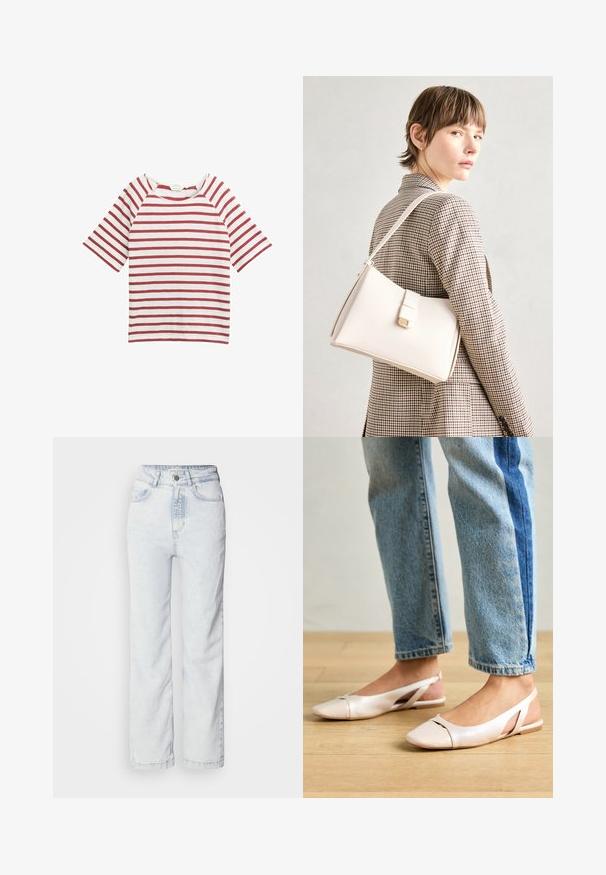 Rot-weißt gestreiften T-Shirt mit kurzen Raglanärmeln, rundem Halsausschnitt und weichem Stoffeindruck. Einfaches Design, keine zusätzlichen Verzierungen.; Hellblaue hoch sitzende Jeans mit geradem Bein, aus Denim gefertigt. Verfügt über einen Knopfverschluss, ein Fünf-Taschen-Design und eine subtile, ausgewaschene Textur.; Blassrosa Slingback-Ballerinas mit spitzem Punkt, aus einem glatten, lederähnlichen Material. Mit Ausschnitten an den Seiten und einem flachen Absatz.; Weiße Lederhandtasche mit strukturiertem Design, ausgestattet mit einem Magnetverschluss und einem Schulterriemen, präsentiert vor einem neutralen Hintergrund.