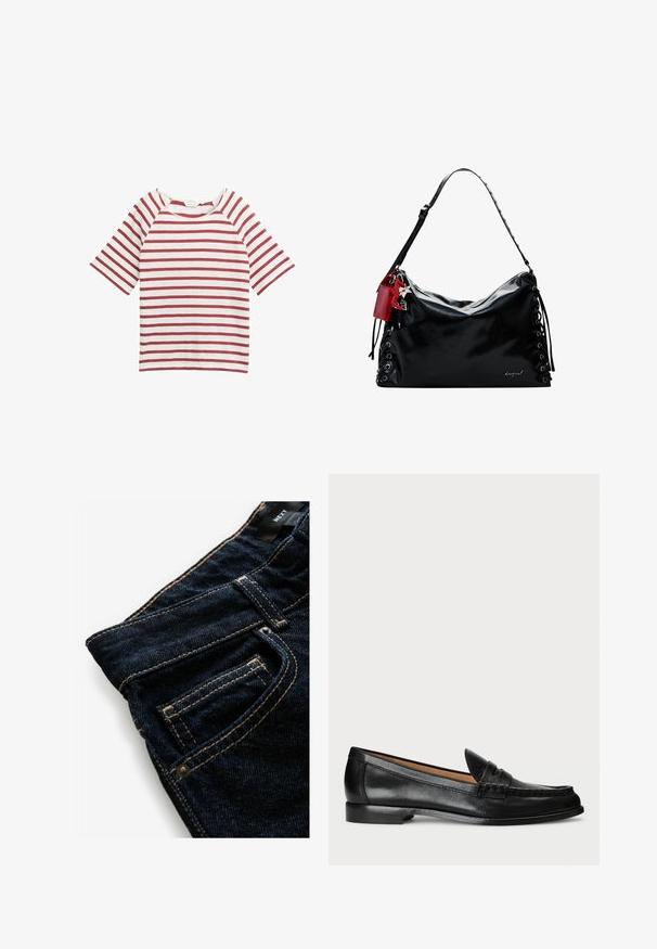 Tricou în dungi roșii și albe, cu mâneci raglan scurte, guler rotund și textură moale a stofei. Design simplu, fără embellishments suplimentare.; Jeans din denim de un albastru închis, cu cusături portocalii contrastante, având un buzunar frontal, detalii cu nituri și o textură netedă.; Lauren Ralph Lauren WYNNIE - Pantofi slip-on - black; Geantă de mână din piele neagră, cu un design lejer, detalii cu șireturi pe laterale și o etichetă de accent roșie. Prezintă o curea lungă, ajustabilă.
