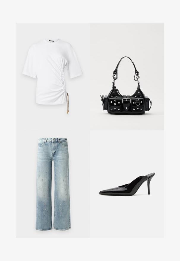 Bijela majica kratkih rukava sa bočnim naborima i vezicom koja sadrži zlatne detalje za podešavanje. Glatka pamučna tkanina.; Svijetloplave široke traperice od denima, s gradijentnim efektom boje i ukrasima od srebrnih rhinestona u vertikalnom uzorku.; Crne lakirane kožne visoke potpetice mule s šiljastim prstom i elegantnom siluetom, s otvorenom poleđinom i vitkom stiletto potpeticom.; Crna kožna torba s zakrivljenim dizajnom, koja sadrži srebrne zakovice, kopču i dva bočna džepa. Podesiva traka za različite opcije nošenja.
