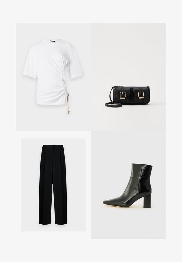 White short-sleeve T-shirt with side ruching and a drawstring featuring gold hardware for adjustable fit. Smooth cotton fabric.; Black wide-leg trousers with a high waist, featuring pleats and a smooth texture. The fabric appears lightweight and drapes elegantly.; Black ankle boot made of glossy leather with a pointed toe and a chunky, square heel. Features a smooth texture and minimalistic design.; Black leather crossbody bag with two front pockets, gold buckles, zipper closure, and a slim strap. Textured surface and compact rectangular shape.