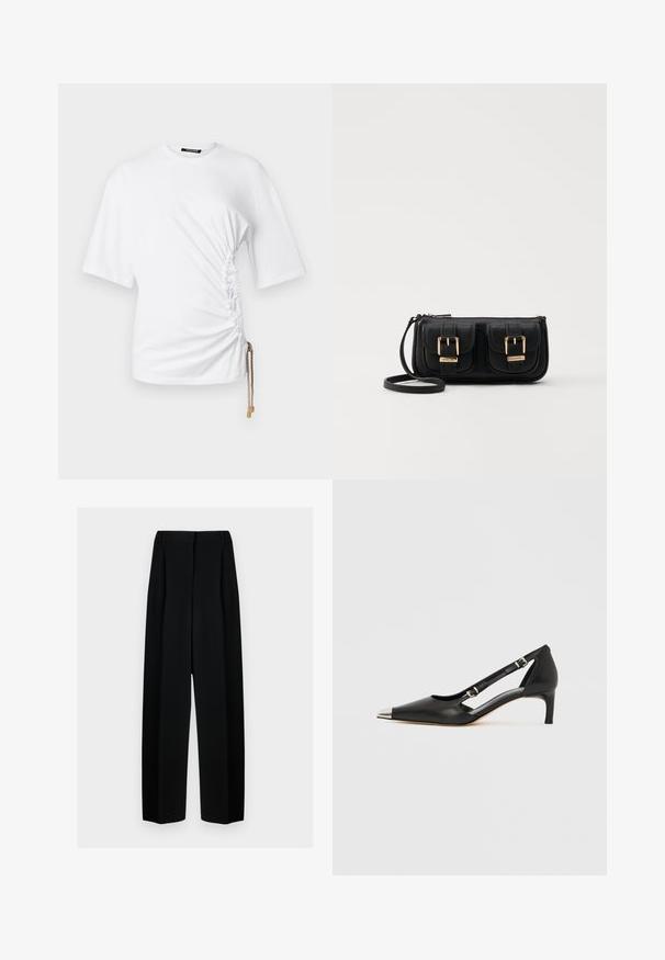 Witte T-shirt met korte mouwen, zijkanten met rimpeling en een trekkoord met gouden hardware voor een verstelbare pasvorm. Soepele katoenen stof.; Zwarte wijde broek met een hoge taille, met plooien en een gladde textuur. De stof lijkt lichtgewicht en valt elegant.; Zwart leren kittenhak met puntige zilveren neus en dubbele gespsluitingen op een witte achtergrond.; Zwarte leren schoudertas met twee vo pockets, gouden gespen, ritsluiting en een smalle band. Tekstuur oppervlak en compacte rechthoekige vorm.