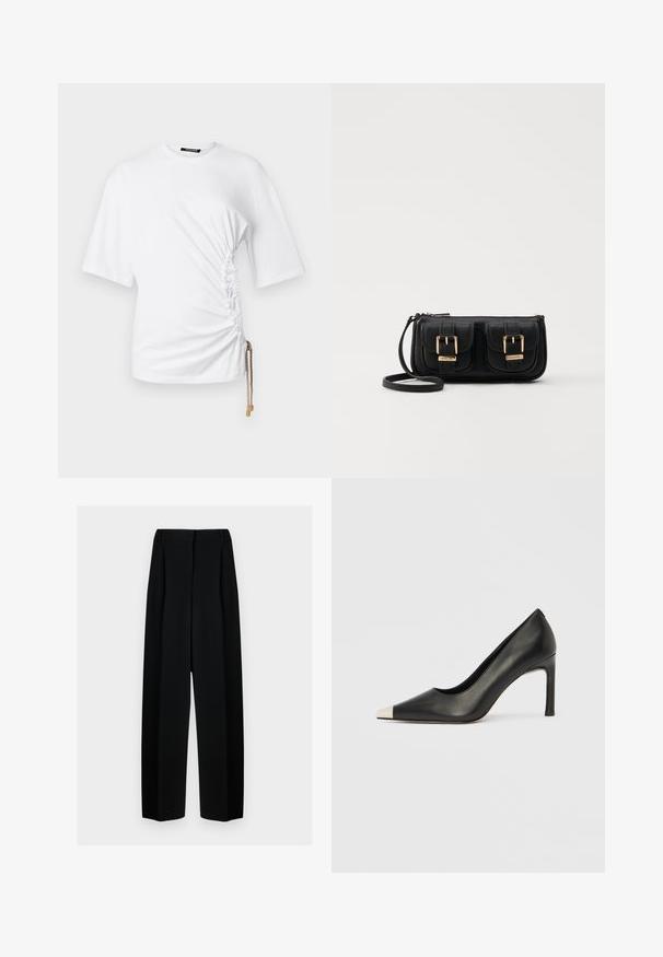 Fehér, rövid ujjú póló oldalsó ráncolással és állítható méretű, arany színű fém részletekkel ellátott zsinórral. Sima pamut anyag.; Fekete, széles szárú nadrág magas derékkal, redők és sima textúra jellemzi. Az anyag könnyűnek tűnik és elegánsan hullámzik.; Fekete bőr magas sarkú cipő hegyes orral és fém ezüst orrtippel. Simább kivitelű, karcsú, 10 cm-es sarokkal.; Fekete bőr keresztbody táska két elülső zsebbel, arany csattokkal, cipzáras záródással és vékony pánttal. Textúrált felület és kompakt téglalap alak.
