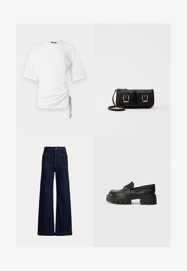 White short-sleeve T-shirt with side ruching and a drawstring featuring gold hardware for adjustable fit. Smooth cotton fabric.; Wide-leg dark blue denim jeans with a high waist, five-pocket design, and contrasting stitching. Features a button closure and a structured shape.; Black leather loafers with a chunky sole, featuring a gold-tone accent on the front and a smooth finish. Chunky tread design on the sole.; Black leather crossbody bag with two front pockets, gold buckles, zipper closure, and a slim strap. Textured surface and compact rectangular shape.