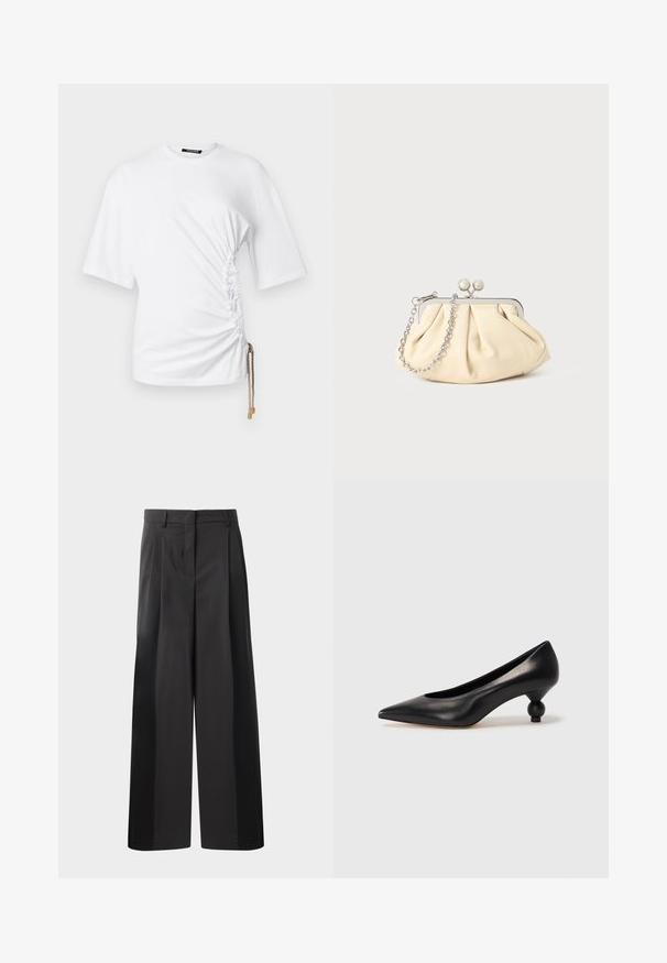 White short-sleeve T-shirt with side ruching and a drawstring featuring gold hardware for adjustable fit. Smooth cotton fabric.; Black wide-leg trousers with a high waist, featuring front pleats, a smooth texture, and a tailored finish. Designed for a relaxed fit.; Black leather high heel shoe with a pointed toe and a round, balled heel. Smooth texture with a sleek, minimal design.; Pleated beige leather clutch with a silver metal frame, featuring two round decorative clasps and a silver chain strap.
