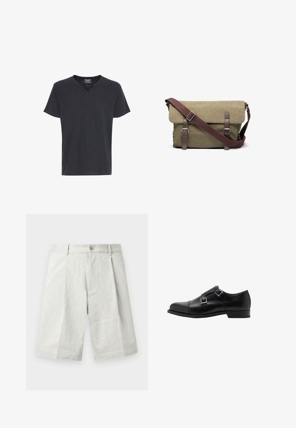 Moška temno siva kratka majica z V-izrezom. Narejena iz mehkega materiala s sproščenim krojem in kontrastnim šivom okoli vratu in rokavov.; Svetlo sive kratke hlače iz teksturirane tkanine, z zapiranjem na gumb, naborki in ravnim krojem, primerne za priložnostno nošenje.; Črne usnjene čevlje z dvojnim monk zapiranjem, zaobljenim prstom in srebrnimi zaponkami. Gladka tekstura in ravna peta zagotavljata stabilnost.; Zelena platnena torba za poštu z belimi usnjami, nastavljivim trakom in srebrnimi dodatki. Zapenjanje s poklopcem z zaponkami.