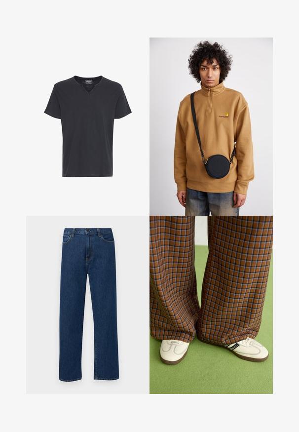 Vīriešu tumši pelēks īsās piedurknes V veida kakla T-krekls. Izgatavots no mīksta auduma ar brīvu piegriezumu un kontrastējošu šuvju ap kaklu un piedurkm.; Tumši zilas taisnas kājas denim bikses ar priekšējām kabatām un pogu aizdari, izvietotas uz vienkārša baltā fona.; Brūni un zili rūtaini platās kājas bikses, kas savienotas ar baltām kurpēm ar melniem akcentiem un teksturētām zolēm, uz zaļa fona.; Bruzs brīvajā stilā ar apdrukātu logo, ar melnu apaļu plecu somu ar rāvējslēdzēju un logo detaļām, valkāts virs džinsiem.