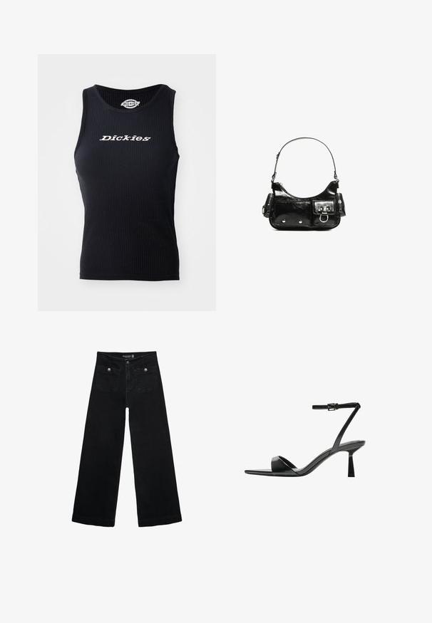 Mustat ribbipaidatankki, jossa on pyöreä kaula-aukko ja "Dickies"-logo painettuna valkoisena rinnan kohdalle.; Mustat leveälahkeiset farkut korkean vyötärön kanssa, joissa on kaksi etutaskua ja metalliset nappikoristeet. Kangas on sileä.; Bershka Korolliset sandaalit - black; Mustekko mustasta kiiltonahasta valmistettu käsilaukku, jossa on kaareva muoto, yksi olkahihna, etutaskut ja hopeanväriset yksityiskohdat.