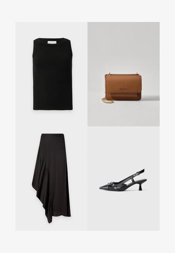Černý žebrovaný top bez rukávů vyrobený z měkkého materiálu, s kulatým výstřihem. Jednoduchý a univerzální tvar.; AERON ASTER SKIRT - Pouzdrová sukně - black; Černé kožené slingback boty s špičatou špičkou, dekorativními pásky s kovovými očky a nízkým blokovým podpatkem. Texturovaný povrch.; Hnědá texturovaná kožená kabelka přes rameno se zlatým řetízkovým popruhem a klopnovým uzavíráním. Přední strana obsahuje detail loga a kapsu pod klopou.