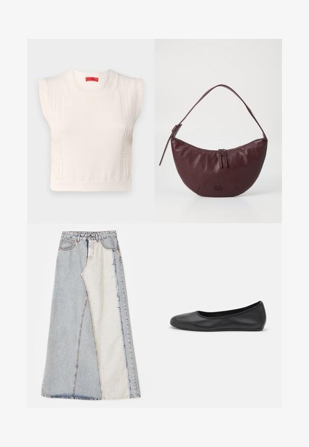 Weißer gestrickter ärmelloser Pullover mit rundem Halsausschnitt, ausgestattet mit gerippten Kanten und strukturierten Paneeldetails an den Seiten. Rotes Markenlabel innen.; Jeansrock mit einem Patchwork-Design in hell- und mittelblauen Abschnitten, ausgefransten Säumen und hoher Taille. Klassischer Fünf-Taschen-Stil.; Schwarze Leder-Ballettschuhe mit abgerundeter Spitze, glatter Textur, minimalen Nähdetails und einem flexiblen Sohlen-Design.; Bordeauxfarbene Lederhandtasche mit geschwungenem Design, ausgestattet mit einem Reißverschluss, zwei Reißverschlussanhängern und einem kurzen Schultergurt. Details umfassen ein geprägtes Logo.