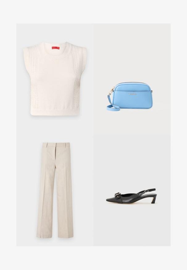 Biely pletený bezrukávový sveter s okrúhlym výstrihom, so zúženými okrajmi a textúrovanými panelmi na stranách. Červená nálepka značky vo vnútri.; Bežové široké nohavice z ľahkej tkaniny, s hladkým povrchom a čistými prednými skladmi. Pás je upravený s pútkami na opasok.; Čierne kožené sandále s úzkym prstom, malým opätkom a dekoratívnou sponou na vrchnej časti. Hladká textúra, minimalistický dizajn.; Svetlomodrá kožená crossbody taška so zlatými detailmi, zipsom a prednou vreckom. Obsahuje nastaviteľný popruh pre pohodlné nosenie.