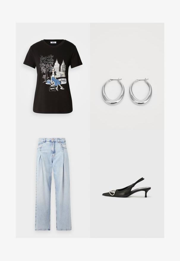 Zwart katoenen T-shirt met een grafisch ontwerp van een vrouw, een boom en een stadslandschap, met contrasterende kleuren en ingewikkelde details.; Lichtblauwe denim jeans met een hoge taille, wijde pijpen, twee zijzakken en geplooid ontwerp. Zachte textuur met een vervaagd uiterlijk.; Zwarte leren slingback-schoen met een spitse neus, voorzien van een zilveren logo-accent en een kleine hak. Gladde textuur en minimalistisch design.; Een paar gepolijste zilveren halvmaan-hoepeloorbelletjes met scharnier-sluitingen op een witte achtergrond.