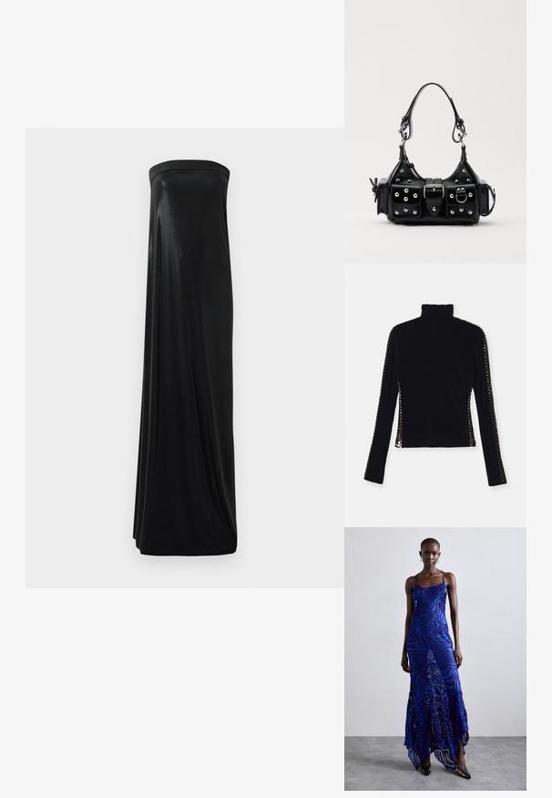 Svart långärmad topp med hög krage, prydd med metalliska nitar längs sidorna och ärmarna, tillverkad av ett smidigt, stretchigt tyg.; Svart axelbandslös maxiklänning tillverkad av glatt, glänsande tyg. Har en figursydd livdel och en flödande silhuett som når golvet utan utsmyckningar.; Maxiklänning med blå och lila djurmönster, tunna remmar, åtsittande byst, utsvängd fåll och genomskinliga detaljer.; Svart läderhandväska med en kurvad design, prydd med silverfärgade nitar, ett spänne och två sidofickor. Justerbar rem för olika bäralternativ.
