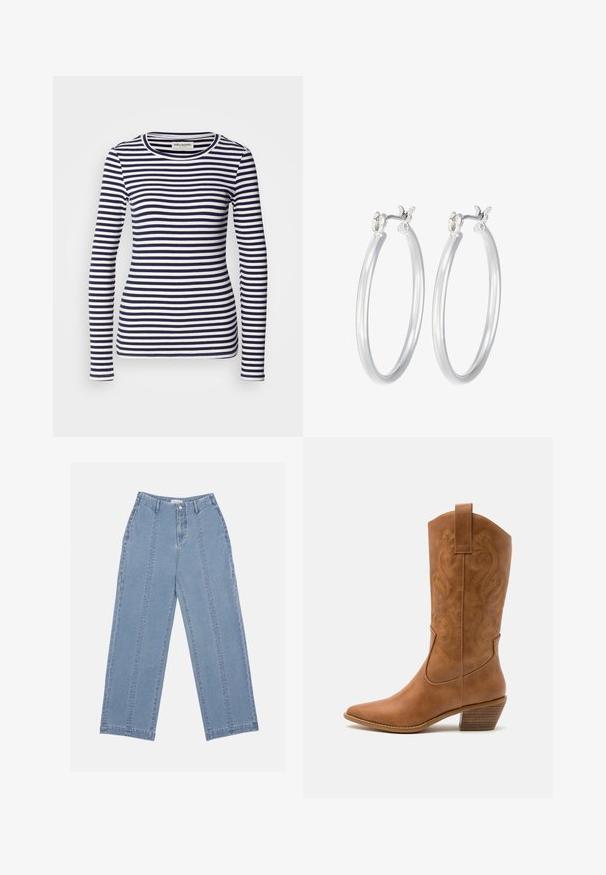 Ilgų rankovių marškiniai, turintys tamsiai mėlyną ir baltą horizontalių juostelių raštą, raukšlėtą tekstūrą ir apvalų iškirpimą.; Šviesiai mėlynos plačios kojų džinsai, pagaminti iš denimo. Turi aukštą liemenį, mygtukų užsegimą ir matomą siuvimą. Priekyje nematyti kišenių.; Ruda odinė kantri batai su smailiu būtų pirštu, siuvinėtais spiralės raštais ant viršaus ir su kamščiu blokuotu kulnu. Yra tamprių užtraukių, kad būtų lengviau užsidėti.; Sidabriniai auskarai su sklandžiu, poliruotu paviršiumi. Apvalios formos ir saugus uždarymo mechanizmas. Lengvas dizainas, tinkantis kasdieniam dėvėjimui.