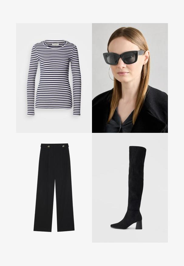 Långärmad topp med ett marinblått och vitt horisontellt randmönster, ribbad struktur och rund halsringning.; Svarta vida byxor med hög midja, knäppdetaljer i midjan och framfickor.; Svarta mocka knähöga stövlar med klack, spetsig tå och slät, sömlös design mot en ljus, enfärgad bakgrund.; Svarta katterformade solglasögon med mörka linser, tjocka bågar och subtila detaljer. Bärs tillsammans med en svart kappa och en grå topp, med långt rakt hår.