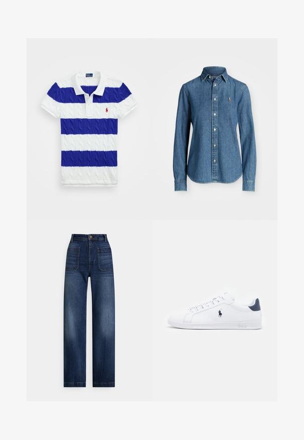 Bijela polo majica s tri horizontalne plave pruge, teksturirano pleteno, i mali crveni logotip na lijevoj strani prsne. Klasičan ovratnik i kratki rukavi.; Traper košulja u srednje plavoj boji, dugih rukava, s kragnom na dugmad i logom na prsima. Ima zakrivljeni donji rub i standardni kroj.; Traperice tamnoplave boje s ravnim nogavicama i visokim strukom, s prednjim džepovima, omčama za remen i zatvaranjem na dugme.; Bijele kožne tenisice s glatkom površinom, tamnoplave naglaske i mali logo sa strane. Imaju ravne vezice i teksturiranu gumu za potplat.