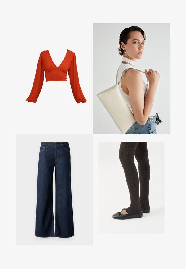 Rdeča dolgrokavna crop majica z globokim V-izrezom in nabranimi rokavi. Narejena iz mehkega, raztegljivega materiala z gladko teksturo. Brez vidnih vzorcev.; Široke hlače iz temnega modrega denima. Imajo kontrastno šivanje, pet žepov in gumbasto zapiranje v pasu. Gladka tekstura.; Črne ravne čevlje z majhnim lokom na prstih, v kombinaciji s temno rjavimi rebrastimi nogavicami. Čevlji imajo gladko teksturo in nizko obliko.; Bela pravokotna torbica za ključe iz sijajnega materiala, opremljena s srebrno verižico. Model pozira in prikazuje torbico na enobarvni podlagi.