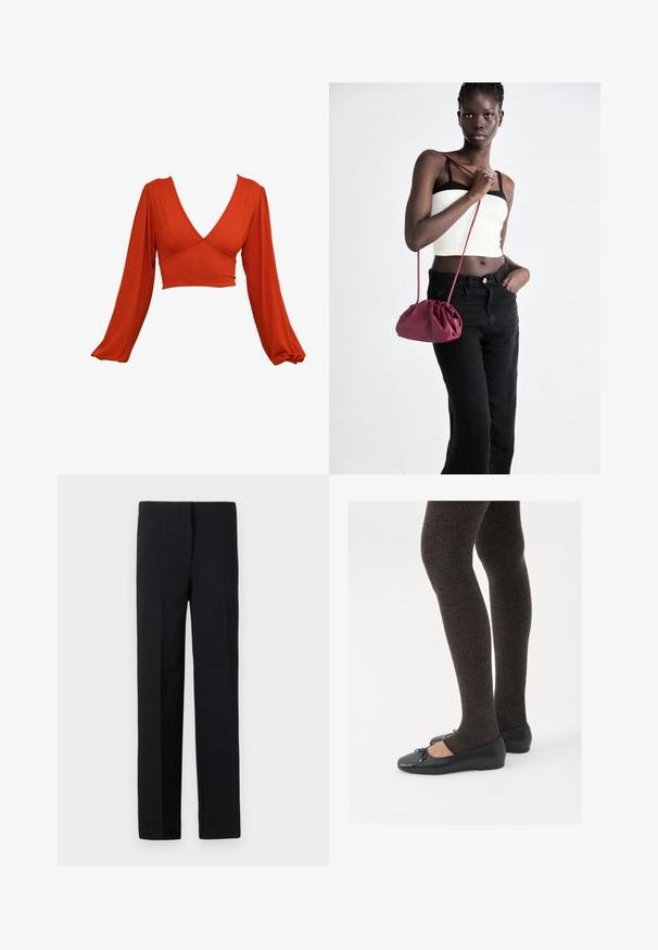 Rdeča dolgrokavna crop majica z globokim V-izrezom in nabranimi rokavi. Narejena iz mehkega, raztegljivega materiala z gladko teksturo. Brez vidnih vzorcev.; Črni prilagojeni hlače z ravnim krojem, ki imajo gladko teksturo in brez vidnih vzorcev. Standardni pas in čist zaključek.; Črne ravne čevlje z majhnim lokom na prstih, v kombinaciji s temno rjavimi rebrastimi nogavicami. Čevlji imajo gladko teksturo in nizko obliko.; Burgundska mehka torbica z zbranim dizajnom in dolgim trakom, nošena čez telo. Model nosi belo kratko majico in črne kavbojke.