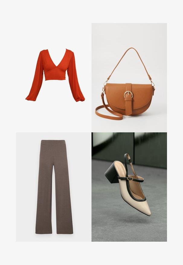 Rode lange mouwen crop top met een diepe V-hals en geplooide mouwen. Gemaakt van een zachte, rekbare stof met een gladde textuur. Geen zichtbare patronen.; Geribbelde wijde broek in een donkerbruine kleur, met een rekbare tailleband en een zachte, gestructureerde stof.; Beige puntige slingback schoen met zwarte rand, gouden gesp en een chunky blokhak op een grijze vloer met een donker groene achtergrond.; Bruine leren schoudertas met een gebogen vorm, gouden hardware en een gespaccent. Bevat een afneembare schouderriem.
