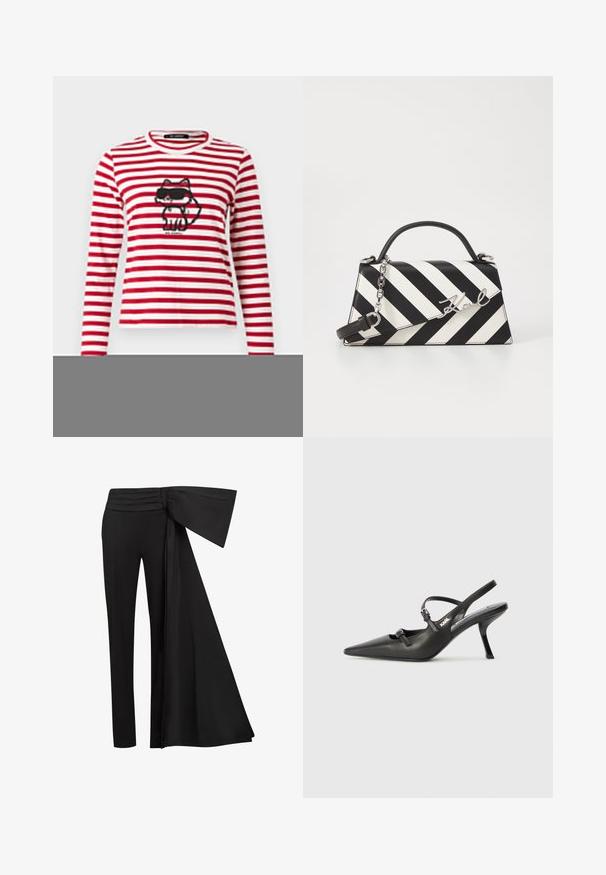 KARL LAGERFELD IKON PRINT STRIPE - Bluză cu mânecă lungă - scarlet sage/cream stripe; Pantaloni negri cu un detaliu lat de panglică înfășurată la talie. Material neted, croială dreaptă și brâu plisat.; Pantofi cu toc slingback din piele neagră, cu vârful ascuțit, toc subțire și detaliu decorativ cu cataramă pe partea din față. Textură netedă și design elegant.; Geantă cu dungi alb-negru, cu o formă structurată, având un mâner superior, o curea din lanț detașabilă și un accent metalic cu logo.