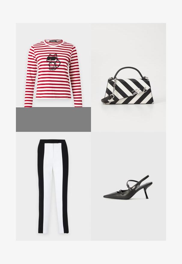 KARL LAGERFELD IKON PRINT STRIPE - Longsleeve - scarlet sage/cream stripe; Zwart-witte tapered broek met een slanke pasvorm en contrasterende panelen. De stof heeft een gladde textuur; de tailleband is plat en aansluitend.; Zwarte leren slingback hakken met een spitse neus, slanke hak en decoratieve gespdetails op de bovenkant. Gladde textuur en een strakke uitstraling.; Zwart-wit gestreepte handtas met een gestructureerde vorm, voorzien van een bovenhandvat, een afneembare kettingriem en een metalen logo-accent.
