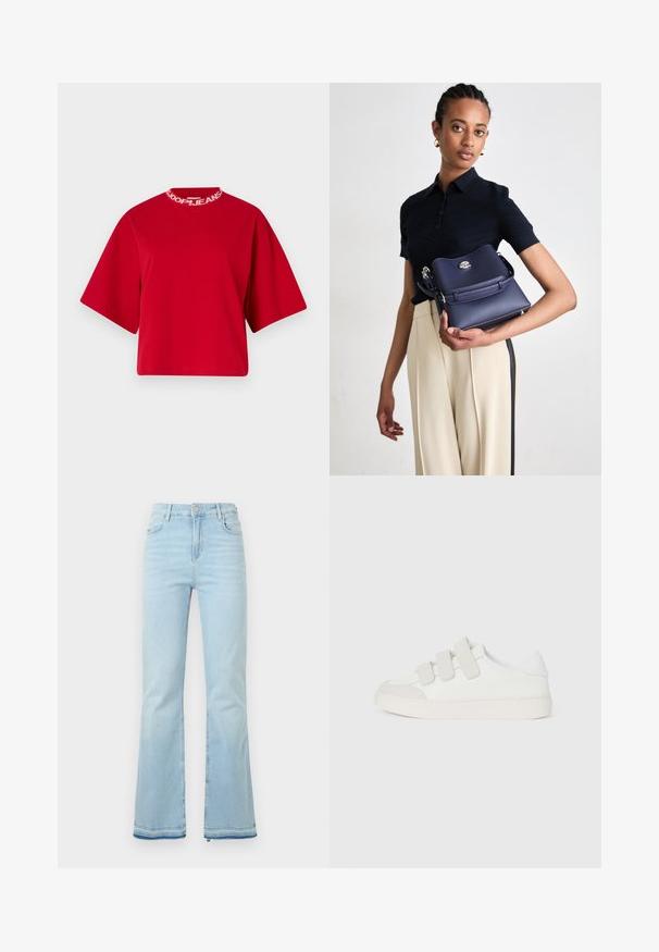 Červené tričko s krátkým rukávem, které má kulatý výstřih a bílý text s logem. Je vyrobeno z hladkého materiálu a má volný, široký střih.; Světle modré rozšířené džíny vyrobené z denimové látky, s vysokým pasem, předními kapsami a surovým lemem na manžetách pro uvolněný vzhled.; Bílé tenisky s hladkým koženým svrškem, třemi suchými zipy na nártu, zaoblenou špičkou a robustní světlou gumovou podrážkou.; Námořnická kožená kabelka s texturovaným povrchem, stříbrným kováním a jednoduchým uzávěrem. Model ji drží proti neutrálnímu pozadí.