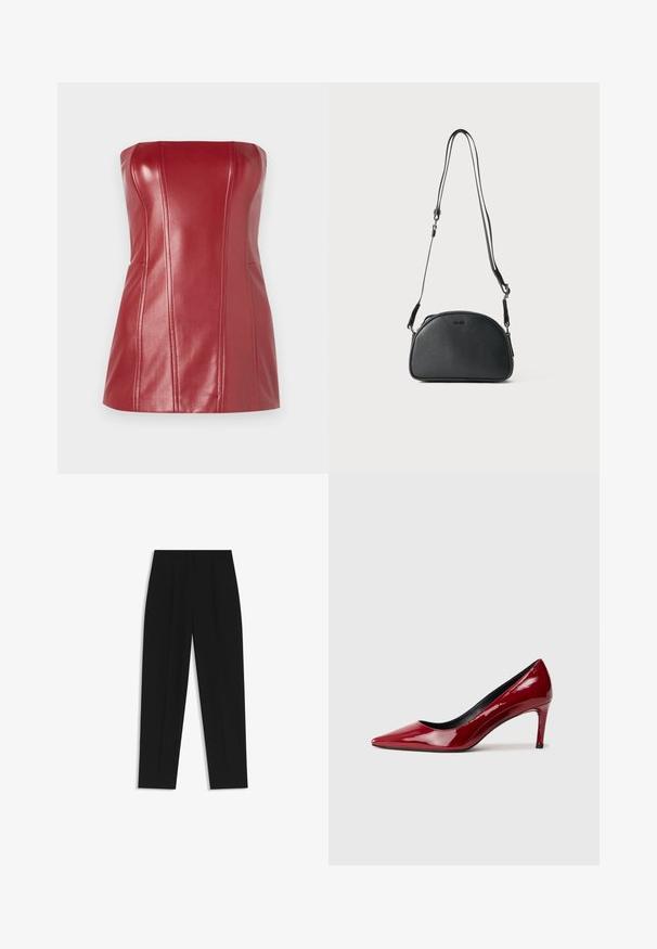 Rode strapless top van glanzend nepleer. Heeft op maat gemaakte naden en een aansluitende silhoutte. Soepele textuur met een lichte glans.; Zwarte broeken met een rechte pasvorm, voorzien van dubbele plooien, een zachte textuur en een klassiek taillebandontwerp. Geen zichtbare hardware of accenten.; Rode lakleren hoge hakken met een puntige neus en een slanke hak. Soepele textuur met een glanzende afwerking en een zwart interieur.; Zwarte leren schoudertas met een ronde vorm, twee verstelbare banden en een subtiel logo op de voorkant. Gestructureerde buitenkant, minimalistisch ontwerp.