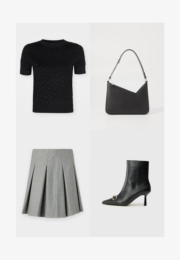 Juodas trumpomis rankovėmis megztinis su tekstūruota raštu, apvaliu iškirpimu ir raukšlėtu apvadu bei rankovėmis, suteikiančiais prigludusį siluetą.; Pilkos klostuotos sijonai, pagamintas iš tekstūruoto audinio, su prigludusia liemenėle ir platėjančiu dizainu. Nėra matomų detalių ar akcentų.; Juodas odinis apavas iki kulkšnies su smailiu nosiu, plonu vidutinio aukščio kulnu ir sidabriniu sagties akcentu šone, prieš paprastą foną.; Juodos odos rankinė trikampio formos, su siauru dirželiu ir sidabriniais aksesuarais. Yra užtrauktuko uždarymas ir iškilmingas logotipas priekyje.