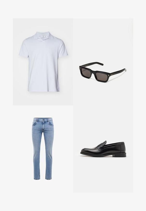 Filippa K Polotričko - ice blue; Svetle modré džíny z denimu s úzkým střihem, pět kapsami a rovnými nohavicemi. Obsahují zip a poutka na opasek. Měkká textura.; Černé kožené polobotky s hladkou texturou, zaoblenou špičkou a zdobným páskem přes nárt. Nízký stohovaný podpatek, minimalistický design.; Černé obdélníkové sluneční brýle s tmavými skly, silným plastovým rámem, zlatými akcenty na spáncích a vyrytým logem značky na nožičce.