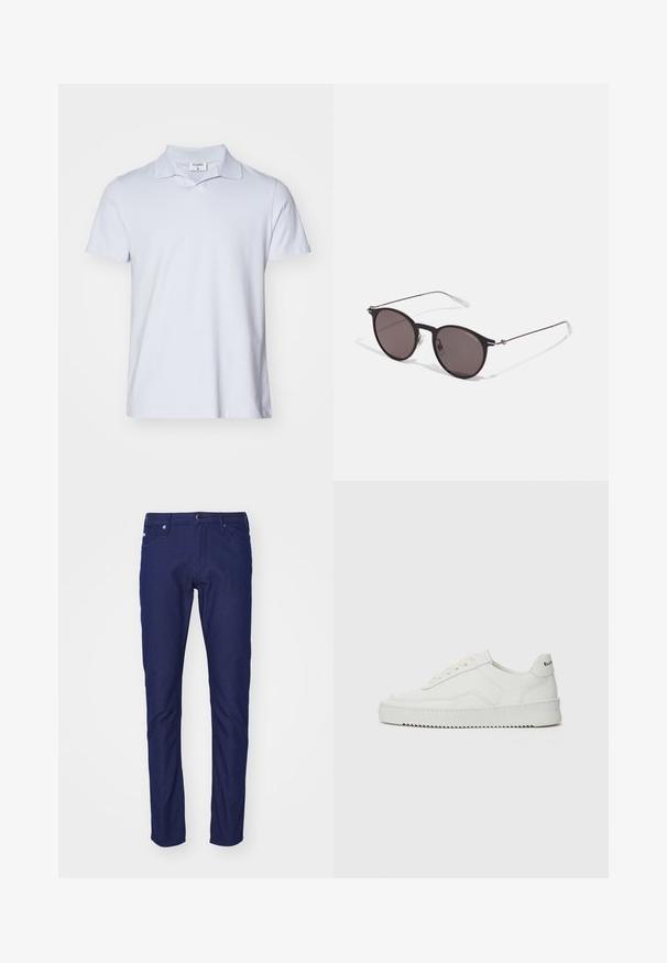 Filippa K Polo - ice blue; Jeans de corte slim en azul marino, elaborados en denim, con cierre de botón, diseño de cinco bolsillos y una textura sutil con un acabado suave.; Zapatilla de cuero blanca con un acabado suave, puntera redonda, cordones planos y suela texturizada. Cuenta con un sutil logo en el talón.; Gafas de sol redondas negras con lentes oscuros y brazos metálicos delgados. Incluye puntas de varilla transparentes y acentos plateados en la bisagra. Diseño minimalista.