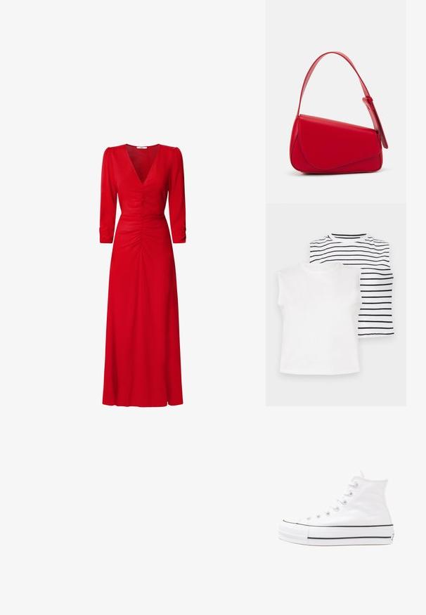 Dvoje bezrukávových topů: jeden čistě bílý, druhý s vodorovnými černými pruhy na bílém pozadí. Měkká látka, kulaté výstřihy.; Červené šaty s výstřihem do V, tříčtvrtečními rukávy a nařasením v pase a na zádech. Látka vypadá hladce a lehce.; Bílé vysoké plátěné tenisky s černou gumovou podrážkou, přední gumovou špičkou a šesti očky na tkaničky, se čistým, minimalistickým designem.; Červená kožená kabelka s ostrým, geometrickým designem. Má jeden nastavitelný popruh a klopu s prošívanými detaily.