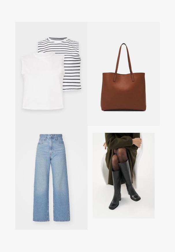Due canottiere senza maniche: una di colore bianco solido, l'altra con strisce orizzontali nere su uno sfondo bianco. Tessuto morbido, scollature rotonde.; Jeans a vita alta blu chiaro con gamba larga, chiusura frontale con bottone e zip, tasche anteriori e posteriori, su uno sfondo bianco.; Stivali neri in pelle alti fino al ginocchio con punta squadrata e tacco a blocco, mostrati con un modello seduto in un cappotto verde oliva. Texture liscia, dettagli minimi.; Borsa tote in pelle marrone con texture liscia, design con apertura superiore e due spallacci. Presenta cuciture minime e nessun hardware visibile.