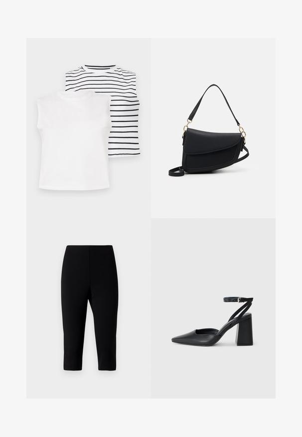 Zwei ärmellose Oberteile: eines in schlichter weißer Farbe, das andere mit horizontalen schwarzen Streifen auf weißem Hintergrund. Weicher Stoff, runder Ausschnitt.; Schwarze Caprihosen aus dehnbarem Material, mit einem figurbetonten Design, das knapp unter dem Knie endet, einer glatten Textur und ohne sichtbare Nähte.; Schwarze Leder-Pumps mit spitzer Zehe, einem Knöchelriemen und einem blockigen Absatz. Flache Textur, elegantes Design und minimalistische Ästhetik.; Schwarze Lederhandtasche mit strukturiertem Finish, ausgestattet mit einem einzelnen Schulterriemen und goldenen Hardware-Details. Das Design ist schlank und minimalistisch.