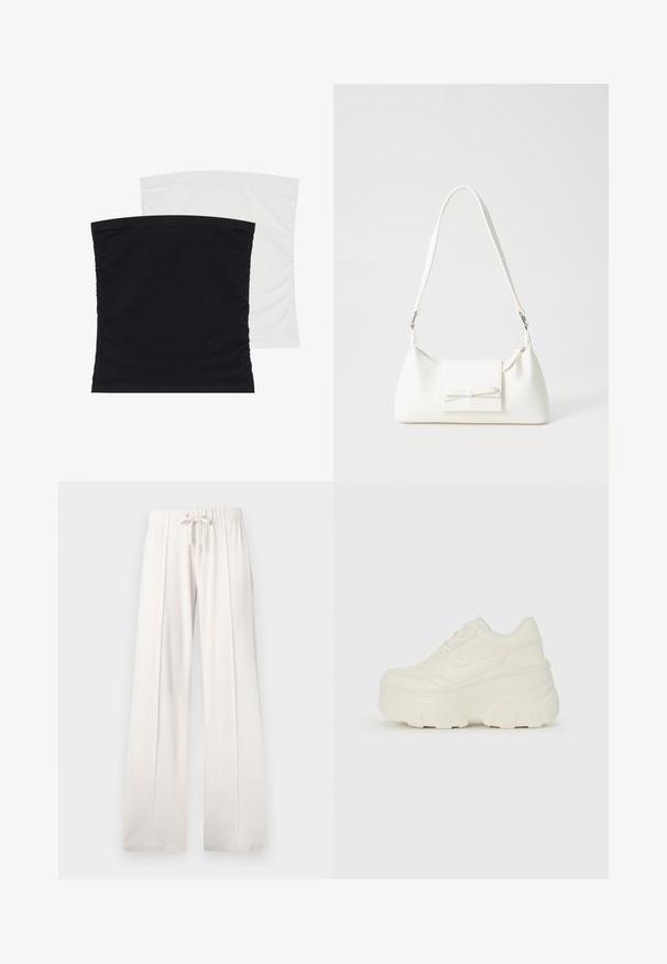 Two stretchable tube tops, one in black and the other in white, featuring soft, smooth fabric and gathered texture along the sides.; Light beige sweatpants made of soft fabric, featuring a drawstring waist, wide legs, and vertical seams, with a smooth texture.; White platform sneakers featuring a smooth leather-like upper, rounded shape, padded collar, and textured rubber sole with defined treads.; White synthetic handbag with a triangular shape, flat front flap and bow detail, adjustable strap, smooth texture, and minimalistic design.