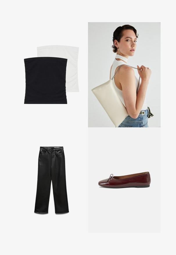 Två stretchiga tubtoppar, en i svart och den andra i vitt, med mjukt, slätt tyg och samlad textur längs sidorna.; Svart byxa i bred modell av konstläder med framfickor, bälteshällor och subtil glans. Mjukt tyg och skräddarsydd passform.; Burgunderfärgad lackläderballettskor med rund tå, liten rosettdekoration fram och en låg, svart gummisula. Slät textur.; Vitt rektangulärt clutch-väsk i glänsande material, med en kedjesnor i silver. Modellen poserar och visar upp väskan mot en neutral bakgrund.