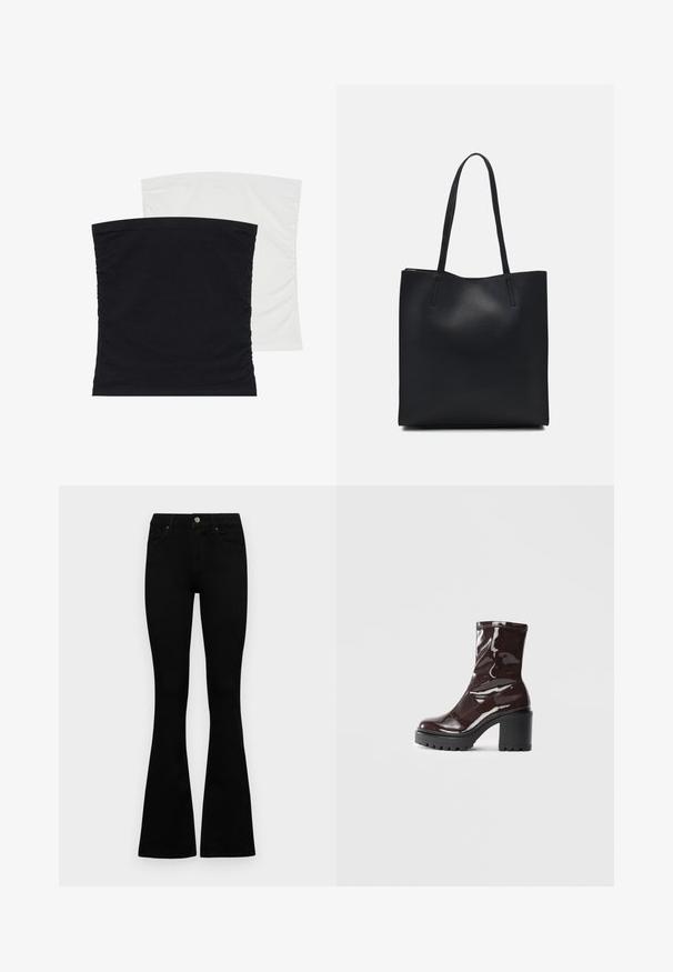 Dve raztegljive tube majice, ena črna in druga bela, z mehko, gladko tkanino in zgubanimi detajli ob straneh.; Črne visokotopne kavbojke z gumbom in zadrgo, sprednjimi žepi in razširjenimi hlačnicami, poleg bel background.; Sijajan škrlatank z bleščečim videzom, z masivnim črnim peto, ki se ponaša z gladko teksturo in preprostim dizajnom. Brez vidnih zapenjal ali vzorcev.; Črna usnjena torba s svilnato teksturo, pravokotne oblike in dvema dolgima ročajema. Brez vidnih metalnih delov ali okrasnih elementov.