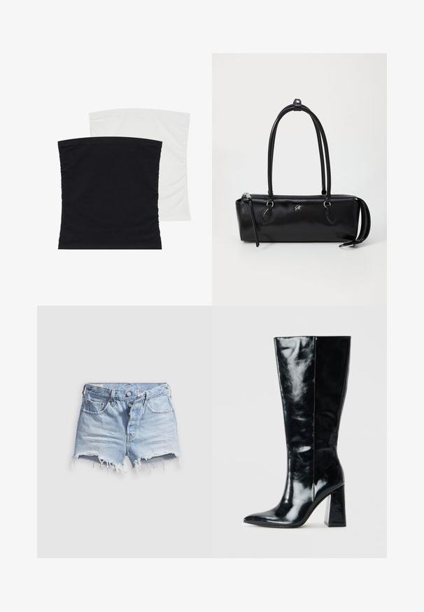 Due top in stoffa elasticizzata, uno nero e l'altro bianco, caratterizzati da un tessuto morbido e liscio e da una texture arricciata lungo i lati.; Pantaloncini corti in denim azzurro chiaro con orli sfrangiati, cinque tasche e chiusura con bottone a pressione. La texture è morbida con un aspetto leggermente usurato.; Stivali neri al ginocchio in pelle lucida, con punta appuntita e un tacco geometrico robusto dalla superficie liscia.; Borsa a tracolla nera in pelle di forma rettangolare, con una superficie liscia, due manici, chiusura con zip e un piccolo logo sulla parte anteriore.