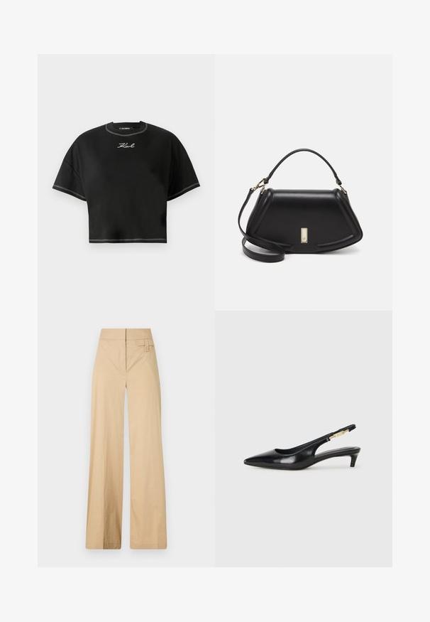 Black cropped t-shirt made of soft fabric. Features a round neckline, oversized short sleeves, and white contrast stitching. Logo embroidered on front.; Beige wide-leg pants made of cotton blend fabric. Features a smooth texture, elastic waistband, and a side button detail.; Black leather slingback heels with a pointed toe, featuring a slim heel and a gold-tone accent on the adjustable strap. Smooth texture.; Black leather handbag with a structured design, featuring a cropped shape, top handle, and gold hardware accent. Adjustable shoulder strap included.