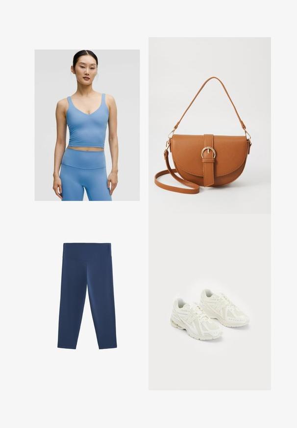 Bralet sportiv bleu deschis, cu decolteu în formă de V, bretele groase și un design ajustat, realizat dintr-un material neted și elastic.; Colanți până la genunchi, de culoare bleumarin, confecționați dintr-un material elastic, cu o talie lată și plată și o textură netedă, concepuți pentru confort și libertate de mișcare.; Pantofi sport albi confecționați din materiale din plasă și sintetice, design cu șireturi, guler căptușit și talpă texturată pentru aderență. Construcție ușoară.; Geantă din piele maro, tip crossbody, cu o formă curbată, accesorii aurii și un accent cu cataramă. Dispune de un curea de umăr detașabilă.