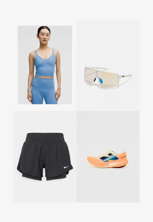 Sujetador deportivo azul claro con escote en V, tirantes anchos y un diseño ajustado, fabricado en un tejido suave y elástico.; Pantalones cortos deportivos negros con cintura elástica, forro interior y aberturas laterales. Presenta un logo de Nike blanco en la parte delantera izquierda.; Zapatilla de running con un upper ligero en color crema, branding azul y acentos naranjas en la suela. Textura de malla para mayor transpirabilidad.; Gafas de sol con marco blanco y lentes grandes en degradado que presentan un tinte de rosa a naranja claro, acentuadas con una pieza nasal azul y un detalle del logo.